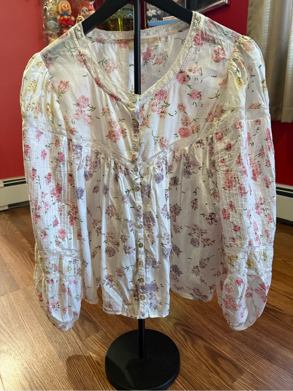 LoveShackFancy White Floral Lace-Trim Button Blouse with Pink & Lavender Flowers